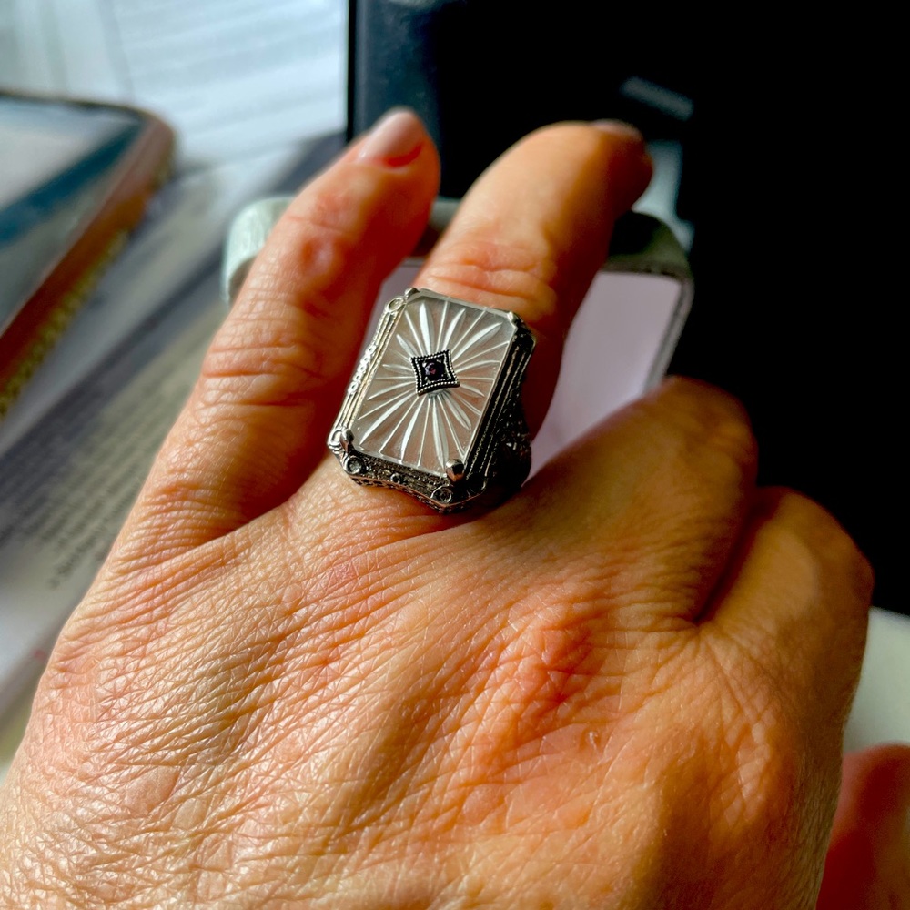 Art Deco style ring with camphor glass and center amethyst stone.